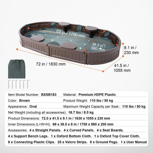 Sandkasse - DUOKU - Oval - 1830 x 1055 x 230 mm - 4 Sæder - HDPE Plast