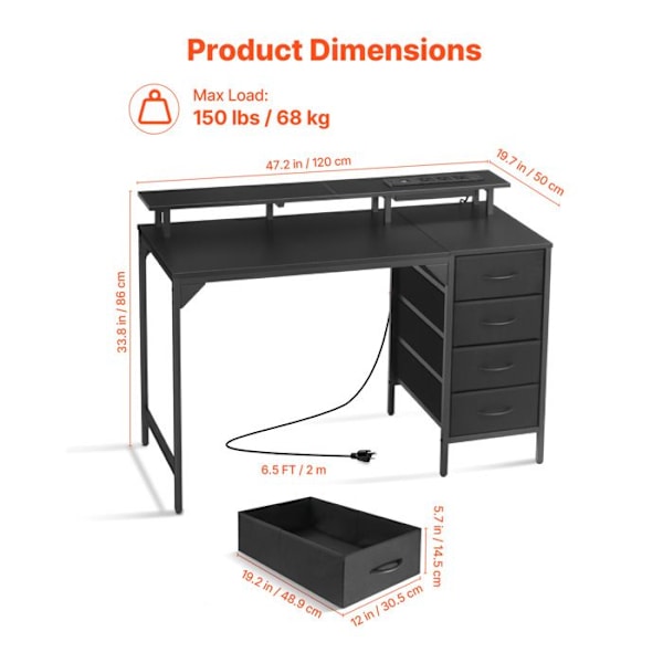 Computer Desk 120 cm-Duoku-with Integrated LED Lighting and Electrical Outlets-with 4 Spacious Drawers-Black