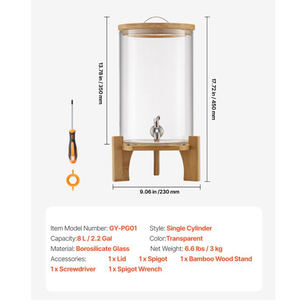 Drikkevaredispenser - DUOKU - 8 L - Borosilikatglas - Træstøtte - Rustfrit Stålhane Transparent