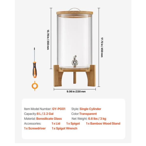 Dryckesdistributör - DUOKU - 8 L - Borosilikatglas - Träställning - Rostfritt Kran Transparent