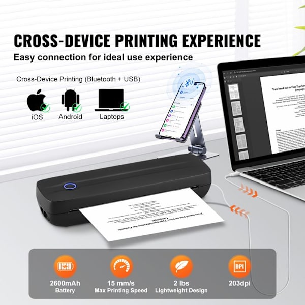 Bærbar Termisk Printer - DUOKU - 203 DPI - Bluetooth - 2600 mAh Batteri - A4/A5