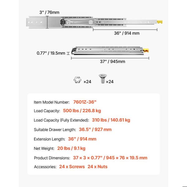 Utdragsskena med full utsträckning-Duoku-914 mm-med lås-1 par-Bärkapacitet 226,8 kg