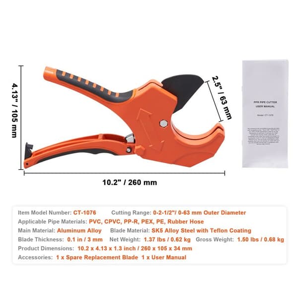 PVC-rörkapare Duoku - Ytterdiameter 0-2-1/2" - Robust rörkapare med spärrfunktion