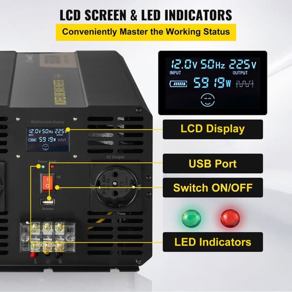 Bilomformer - DUOKU - TM-6000W - 6000 W - Modificeret Sinus Inverter - EU Stik
