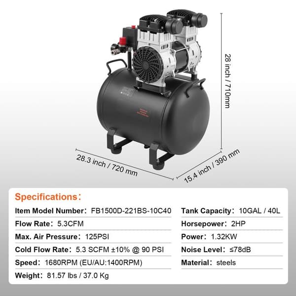 Luftkompressor - DUOKU - FB1500D-221AF-10C40 - 10 Gallon - Uden olie - 78 dB