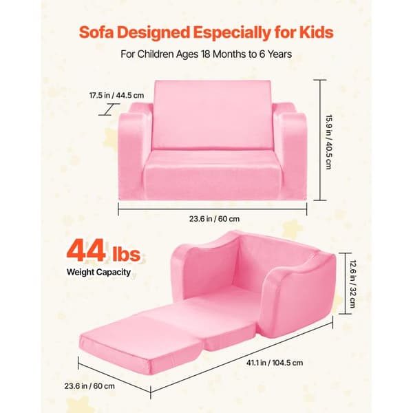 Barnsoffa 2-i-1-Duoku-Fällbar och Komfortabel Chaise Longue-Sovsoffa med Armstöd-Rosa, M