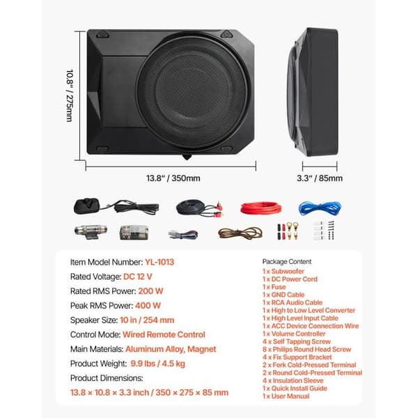 Bassekasse - DUOKU - 10" - 400W - Forstærket - Kablet - SUV, Biler, Lastbiler