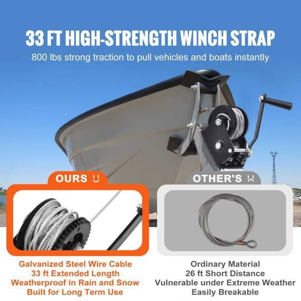 Manuell Winch - Dragkapacitet 800 lb - Robust Winch för Båttrailer - med 33 ft Stålkabel