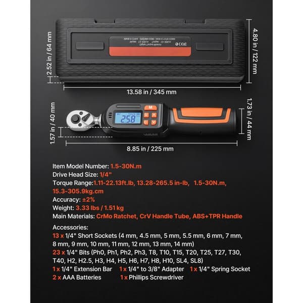 Digital momentnøgle 1/4" - DUOKU - 17-340N.m - Præcision ±2% - LCD-skærm - 42 dele