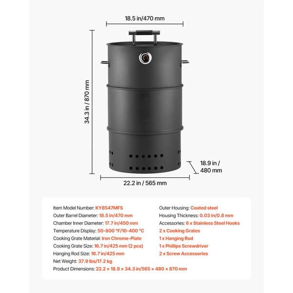 Hiiligrilli - DUOKU - KY8547MFS - Pinnoitettu teräs - 2 ritilää 425 mm - Integroitu lämpömittari