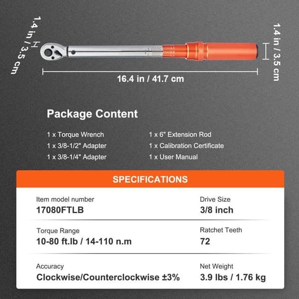 Dynamometrisk Nyckel - DUOKU - 17080FTLB - 10-80 Pi-lb - Noggrannhet ±3% - 3/8 Po