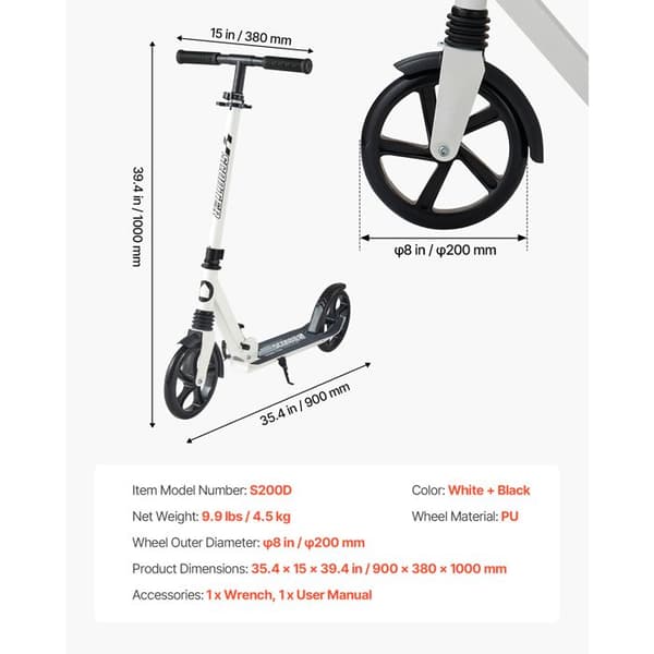 Scooter - DUOKU - S200D - Säädettävä ohjaustanko - 2 pyörää - Pyörät Ø200 mm PU Vit + Svart
