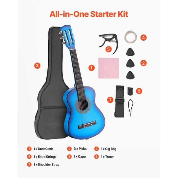 Klassisk Guitar - DUOKU - M5126 - 78 cm - Linden Træ - Blå Farve Blå