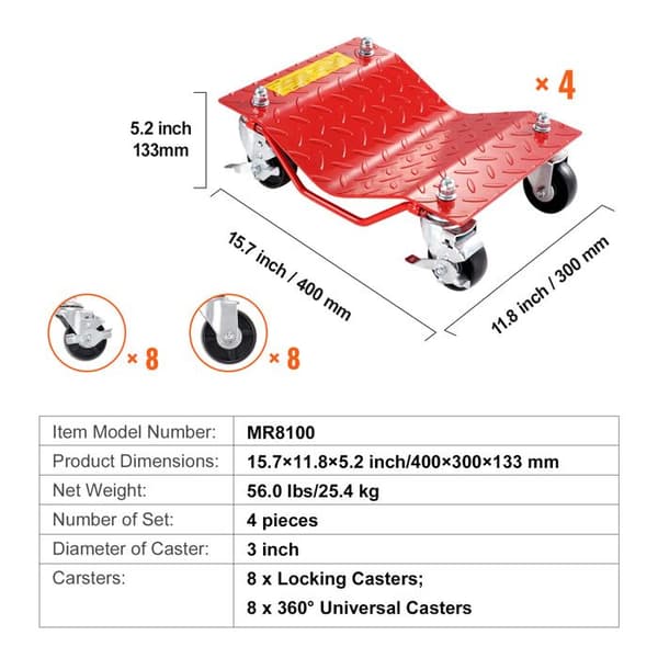 Ensemble av hjulvagnar - DUOKU - MR8100 - Kapacitet 8 000 lb - Robust stål - Pack om 4 Röd
