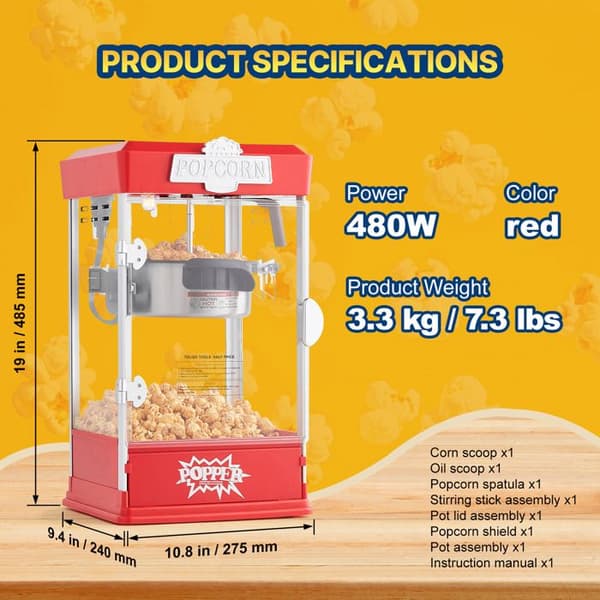 Popcornmaskin - DUOKU - 6077 - 480 W - 4 oz - Biostil - Röd Röd