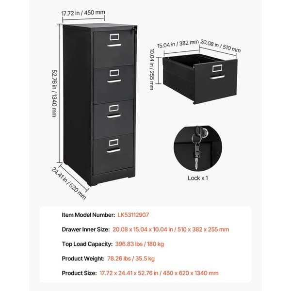 Vertikal Skab - DUOKU - LK53112907 - 4 Skuffer - Lås - Sort Metal