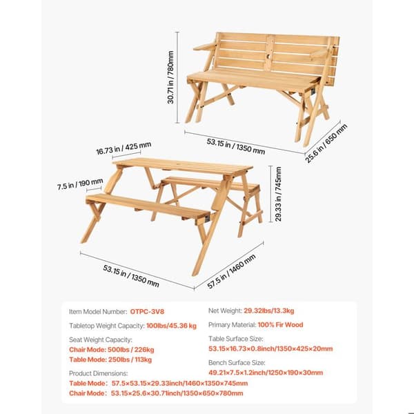 Byggbar Picknickbord Interchangeable-Duoku-2 i 1 Transformabel-Utomhus Bord och Bänk i Trä-Fällbar Bänk