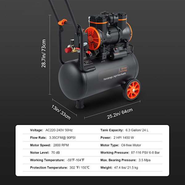 Luftkompressor - DUOKU - 6.3 Gallon - 2HK - Ultra Tyst - 3.35 CFM @ 90 PSI