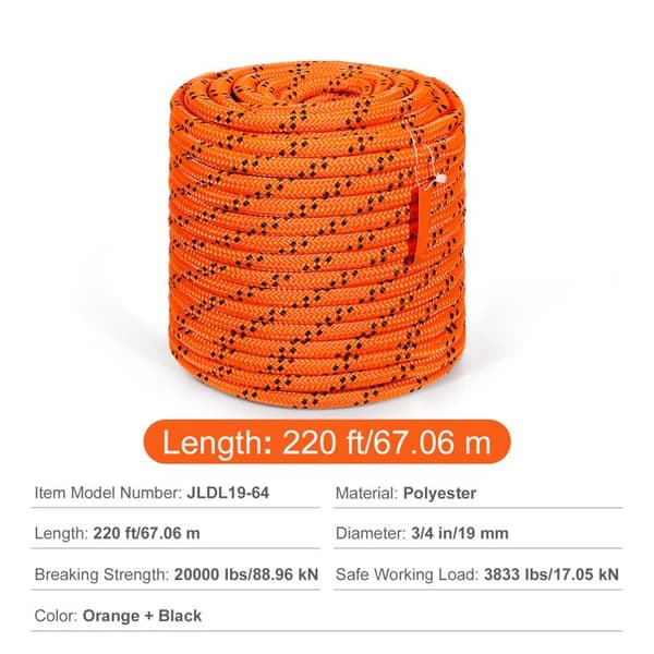 Polyesterkabel - DUOKU - 3/4" x 220 ft - 20 000 lb - Flätad - Mångsidig för utomhusbruk orange + svart