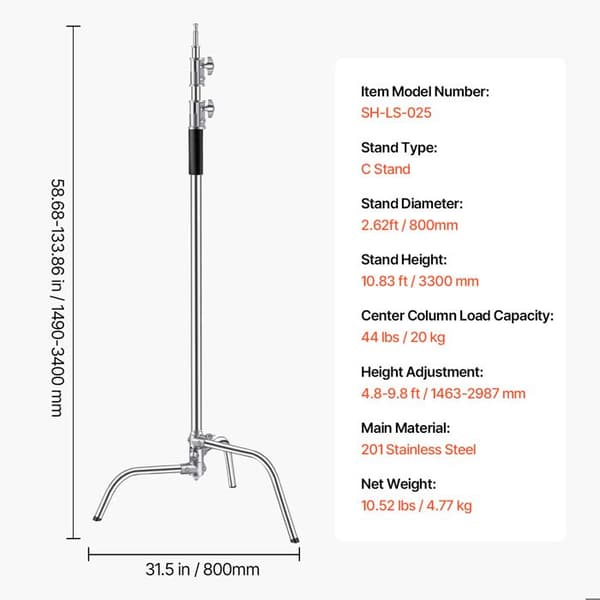 Støtte C-Duoku-330 cm-Støtte til robust fotografisk belysning i rustfrit stål. 1,5 til 3 m