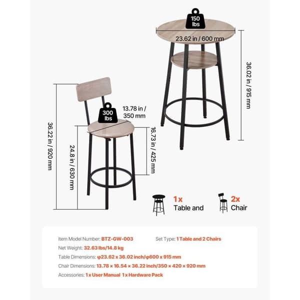 Ensemble Barbord - DUOKU - BTZ-GW-003 - 3 delar (1 bord + 2 stolar) - Höjd 91,5 cm - Svart