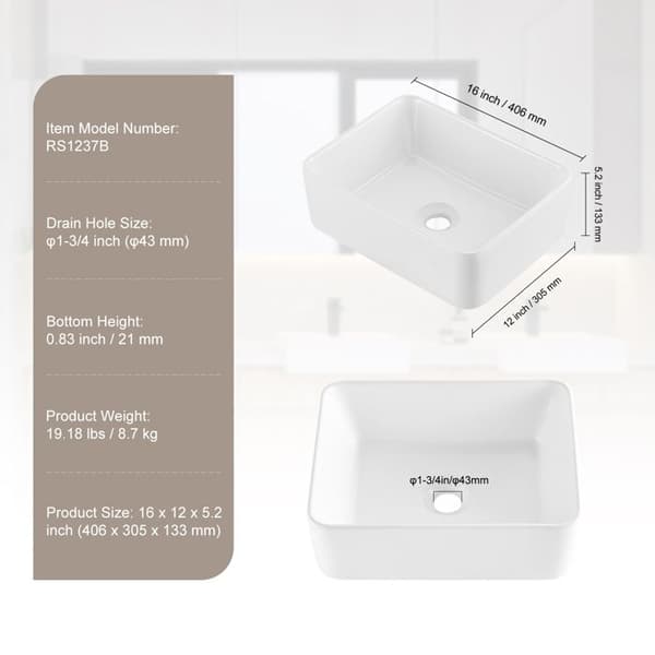 Rektangulärt handfat - DUOKU - RS1237B - 16" x 12" - Keramik - Vit Vit
