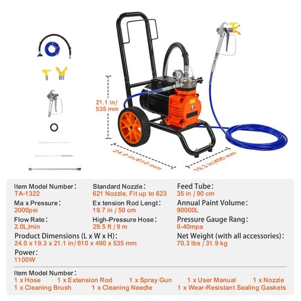 Malersprøjte - DUOKU - TA-1322 - Højtryk 2000 Psi - 1100 W - Forlængerstang