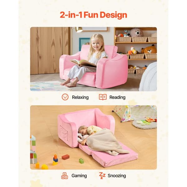 Barnsoffa 2-i-1-Duoku-Fällbar och Komfortabel Chaise Longue-Sovsoffa med Armstöd-Rosa, M