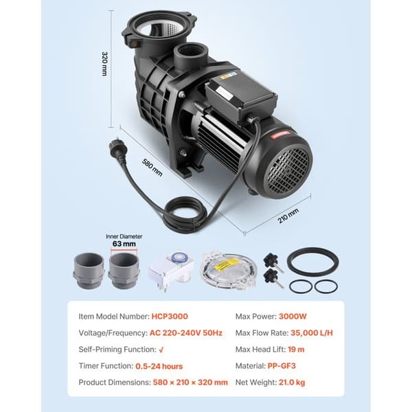 Poolpump - DUOKU - HCP3000 - 3000 W - 35000 L/h - Höjd 19 m
