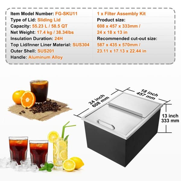 Glacière - DUOKU - 24"L x 18"W x 13"H - Rostfritt Stål - 55,23 L - Isolering 24h