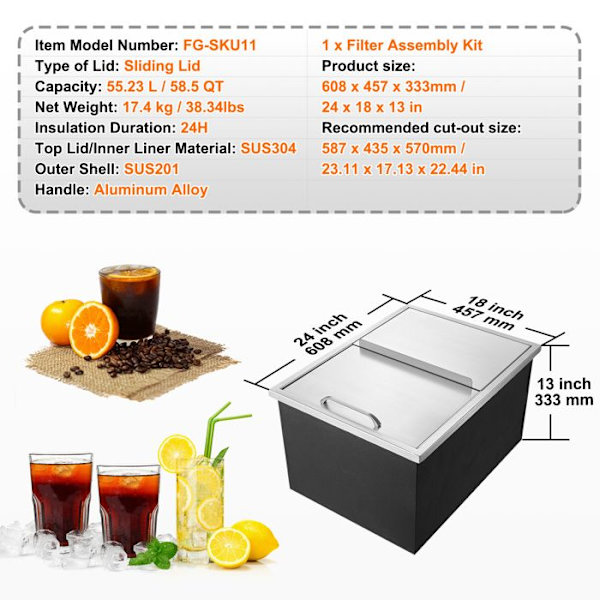 Glacière - DUOKU - 24"L x 18"W x 13"H - Rustfrit Stål - 55,23 L - Isolering 24 timer