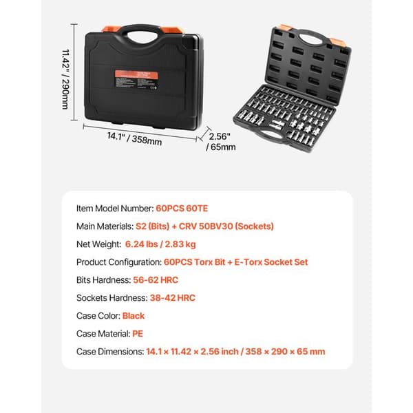 Torx-Nøgle Sæt-Duoku-60 Stykker-T6-T70, TT6-TT70, TP8-TP60, E4-E24, Stål S2 og Cr-V, Drivninger 1/4", 3/8", 1/2"