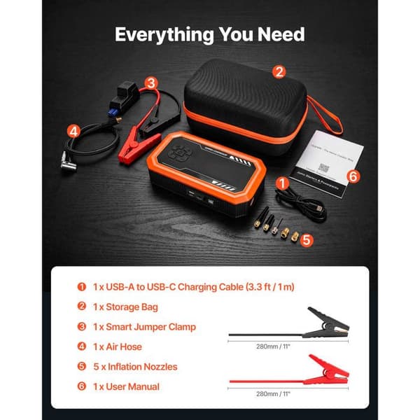 Batteriboost med luftkompressor - DUOKU - JS-638 - 3000 A - 10000 mAh - Kompressor 150 PSI Ej specificerat