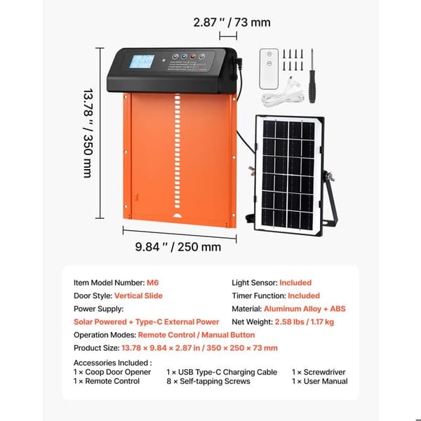 Automatisk dörr för hönshus - DUOKU - M6 - Sol+USB-C - Batteri 2000mAh - Klämrisk Apelsin