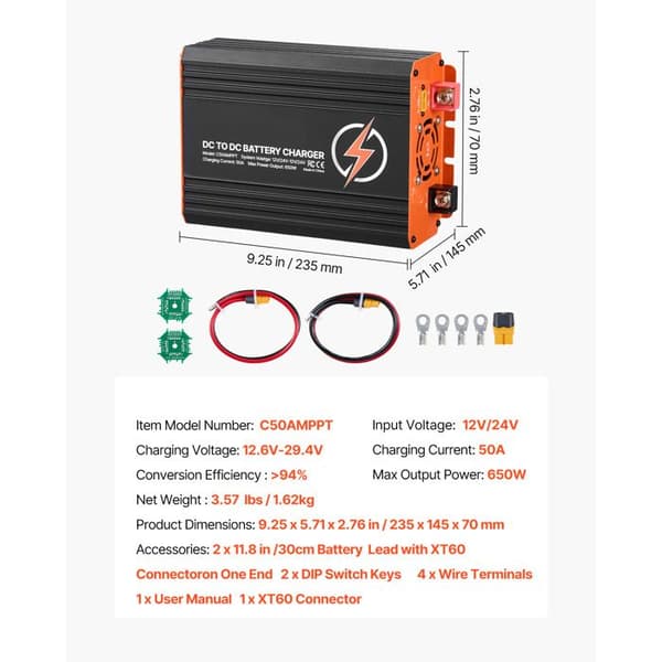 DC-DC-laddare Duoku med MPPT-teknik 650 W 50 A, designad för 12 V/24 V batterier. Dubbel ingång för solpanel.