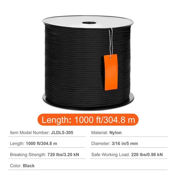 Nylonfläta - DUOKU - 3/16" x 1000 ft - 720 lb - Mångsidig för utomhusbruk Svart