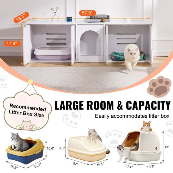 Kattlåda - DUOKU - Trämöbel - För 2 Katter - 57,9"L x 18,3"B x 17,9"H - Vit