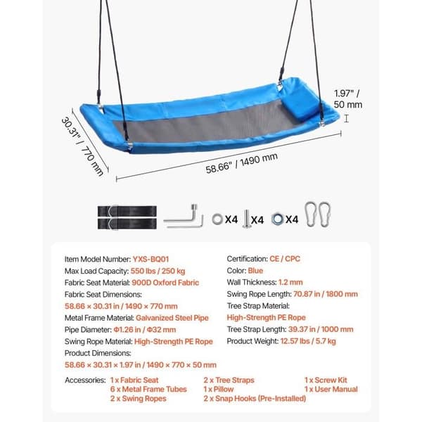 Rektangulär Gunga 149 cm-Duoku-Bärkapacitet 317 kg, Blå, Säte i Oxford 900D Tyg för Inomhus- och Utomhusbruk