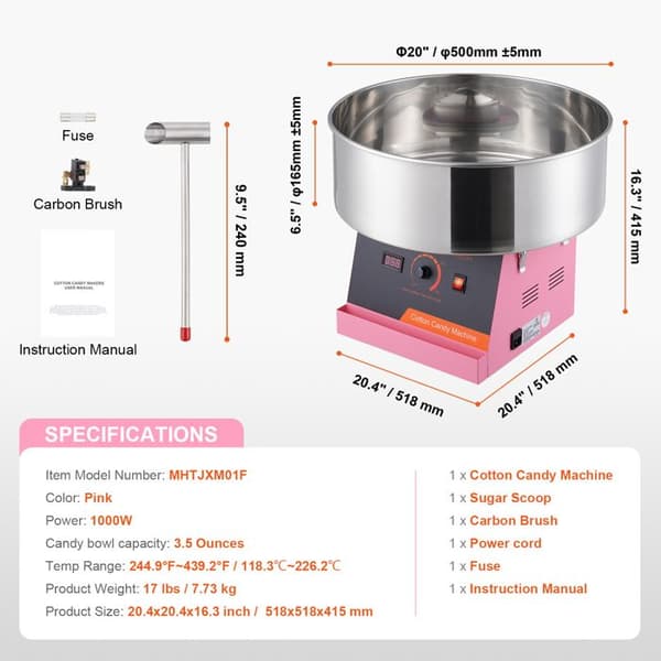 Sockerbombsapparat - DUOKU - MHTJXM01F - 1000 W - Skål i Rostfritt Stål - Rosa rosa