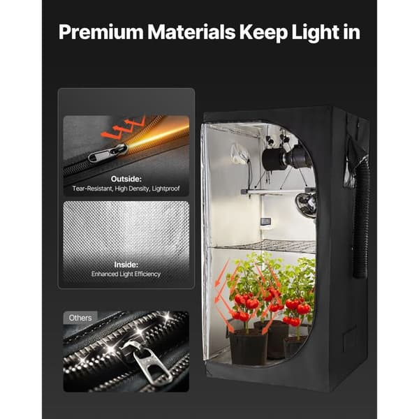 Odlingstält - DUOKU - Komplett Kit - 100x100x200 cm - LED-belysning - Reflekterande Mylar 600D Svart