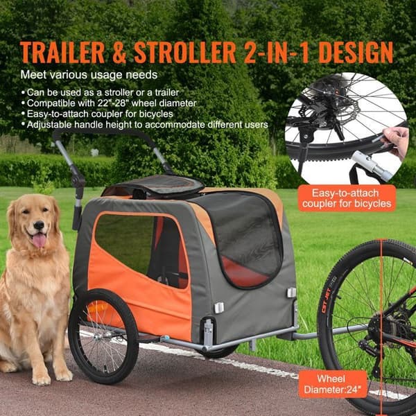 Hundvagn - DUOKU - TS806 - Kapacitet 30 kg - 2-i-1 vagn - Fällbart ram orange + grå