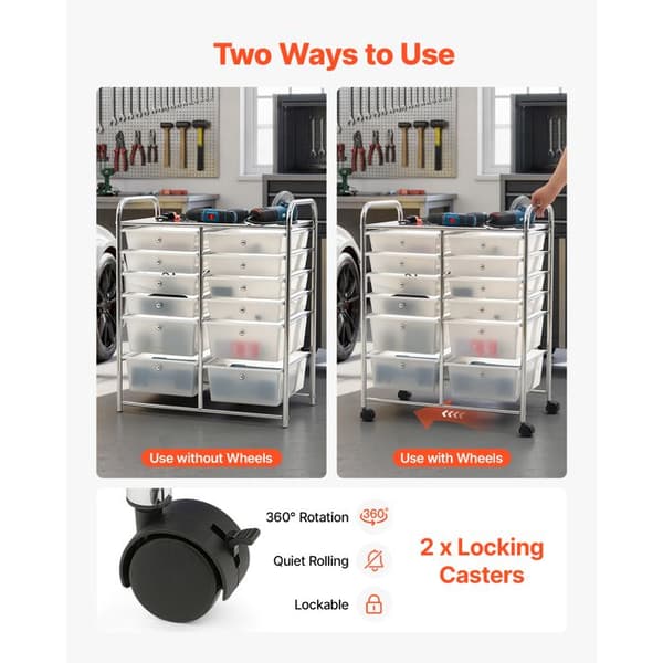 Förvaringsvagn - DUOKU - TCSP12CDDB - 12 lådor (4 djupa) - Ram i förkromad stål - Svängbara hjul med bromsar