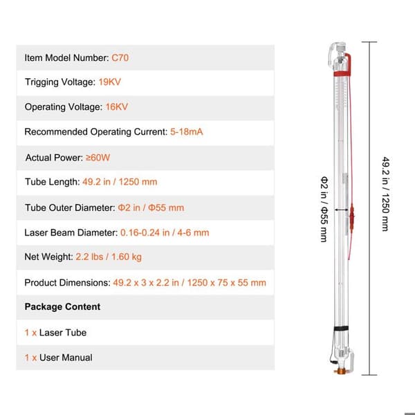 Rør Laser CO2 - DUOKU - C70 - 60 W - Længde 1250 mm - Borosilikat - Laser Graver