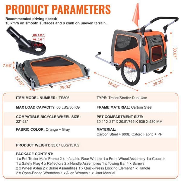 Hundvagn - DUOKU - TS806 - Kapacitet 30 kg - 2-i-1 vagn - Fällbart ram orange + grå