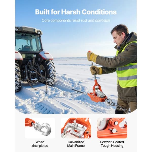 Manuel Talje med Ratch 3 Ton - Duoku - med 10,7 m Snor med 8 mm Diameter og 2 Krog, Ideel til Uddragning