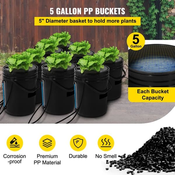 Hydroponiskt system DWC - DUOKU - EHW0008C - 8 hinkar 5 gal (20 L) - Luftpump - Hinkar PP
