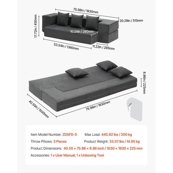 3-in-1 Vuodesohva - DUOKU - Tummanharmaa - 3 Tyynyä - 25D Memory Foam - 200 kg Mörkgrå