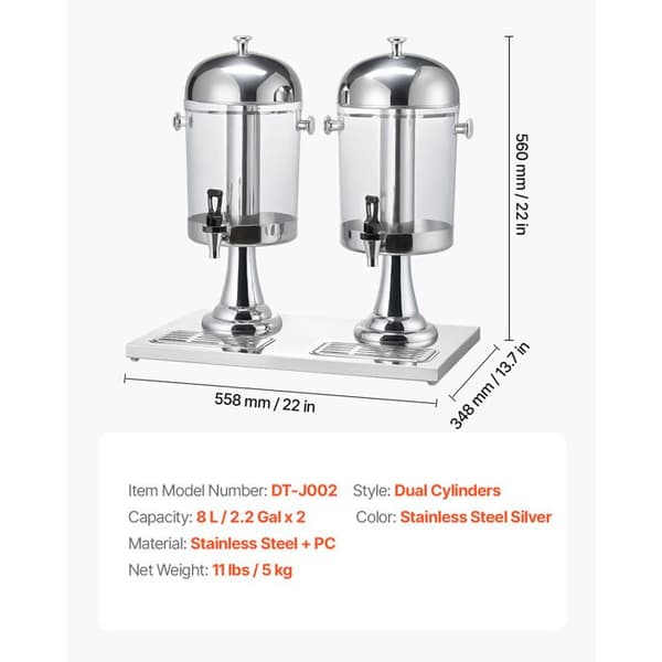 Dryckesdistributör - DUOKU - Dubbelcylinder - Rostfritt stål - 16 liter - Läckagesäker kran Silver rostfritt stål