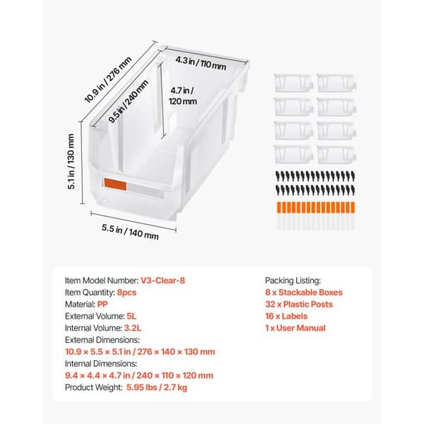 Stabelbare kasser - DUOKU - V3-Clear-8 - Transparent - 27,6 x 14 x 13 cm - Sæt af 8 Transparent