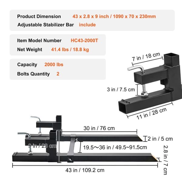 Pallgafflar - DUOKU - HC43-2000T - Kapacitet 2000 lb - Längd 43 tum - Justerbar stabiliseringsstång
